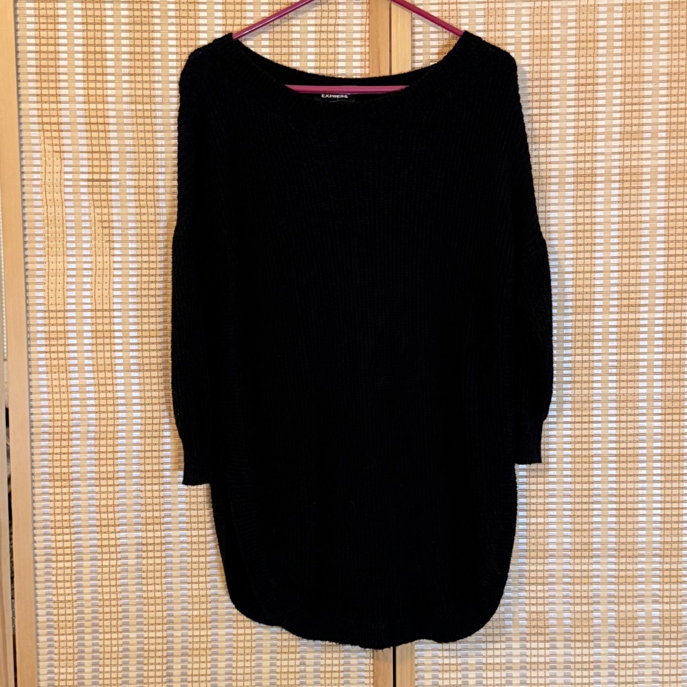 Express Womens Black Waffle Knit Oversized Tunic Sweater Boat Neck Medium